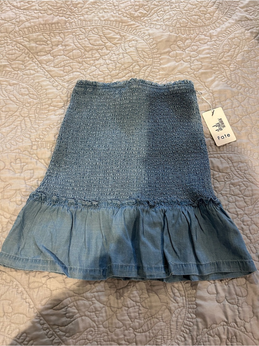 Fate Light Denim Blue Smocked Ruffle Mini Skirt